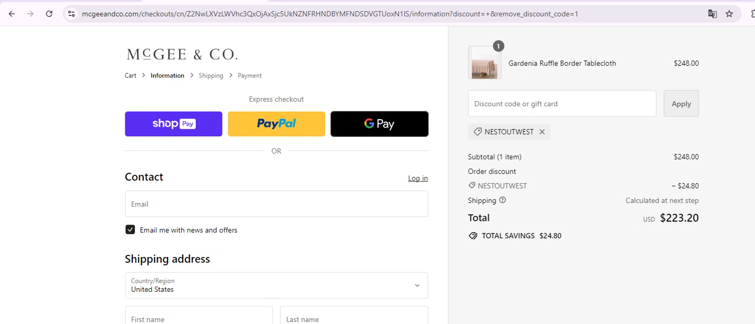 where to use McGee & Co. promo code box