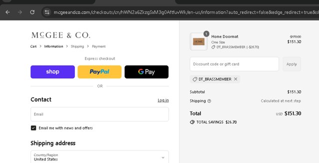 McGee & Co checkout page showing McGee & Co coupon code box | Screenshot taken by SimplyCodes community member on Sep 4, 2025