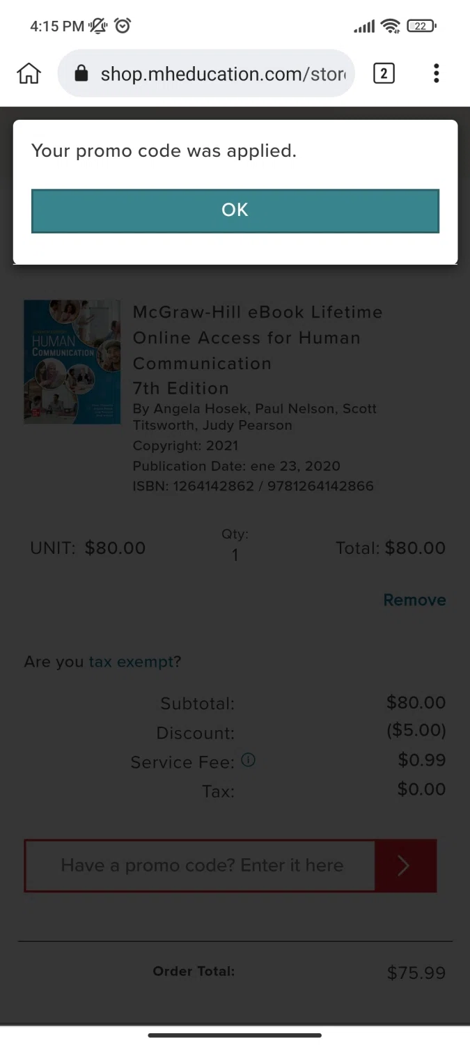 where to use McGraw Hill Education promo code box
