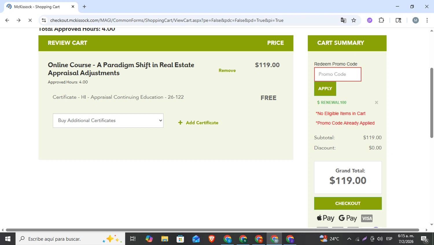 McKissock checkout page showing McKissock promo code box | Screenshot taken by SimplyCodes community member on Feb 7, 2026