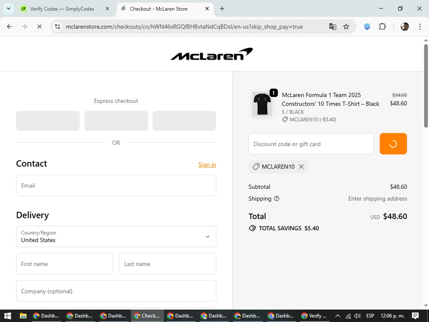 McLaren Store discount code screenshot showing code Mclaren10 applied at McLaren Store checkout page. Uploaded by SimplyCodes community member DiscountSeeker682 on Oct 14, 2025