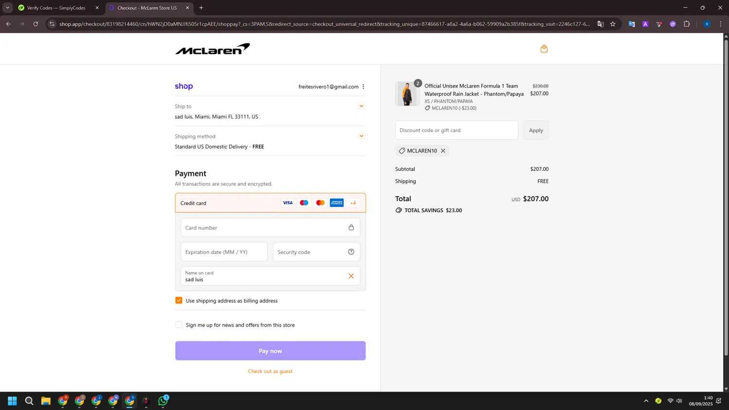 McLaren Store discount code screenshot showing code Mclaren10 applied at McLaren Store checkout page. Uploaded by SimplyCodes community member ExtraordinarySleuth4345 on Sep 8, 2025