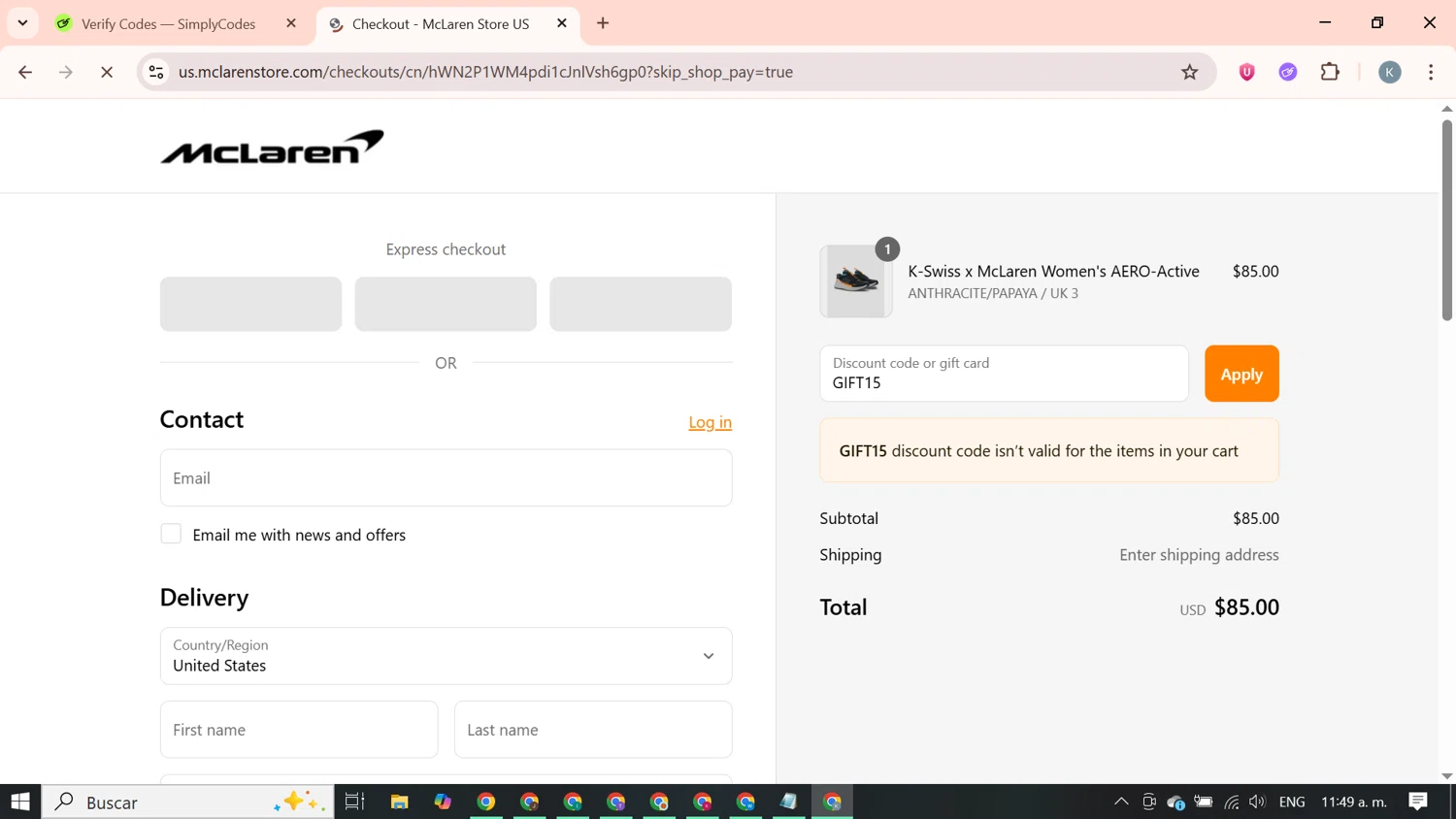McLaren Store discount code screenshot showing code GIFT15 applied at McLaren Store checkout page. Uploaded by SimplyCodes community member SavingsBoss9912 on Aug 30, 2025