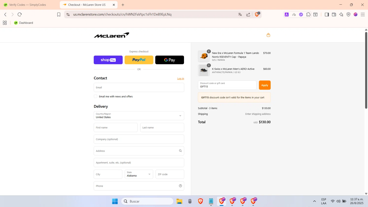 McLaren Store discount code screenshot showing code GIFT15 applied at McLaren Store checkout page. Uploaded by SimplyCodes community member TokenTitan4464 on Aug 26, 2025