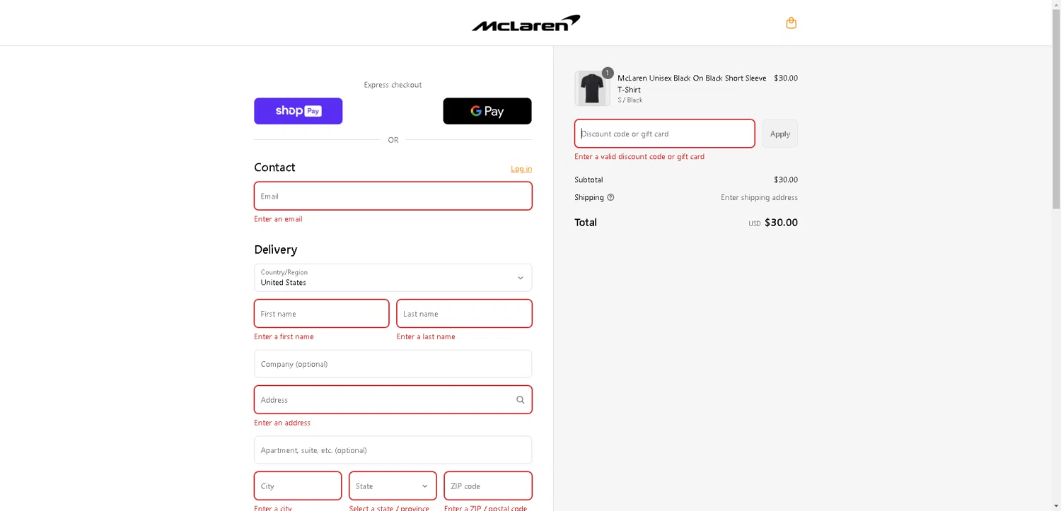 McLaren Store discount code screenshot showing code MCL5 applied at McLaren Store checkout page. Uploaded by SimplyCodes community member DealHunter6996 on Aug 17, 2025
