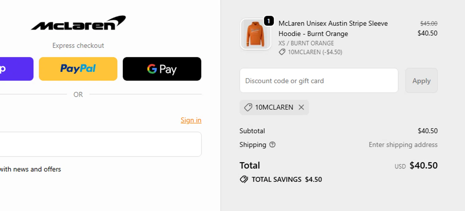 McLaren Store discount code screenshot showing code 10MCLAREN applied at McLaren Store checkout page. Uploaded by SimplyCodes community member RewardCurator5232 on Oct 27, 2025