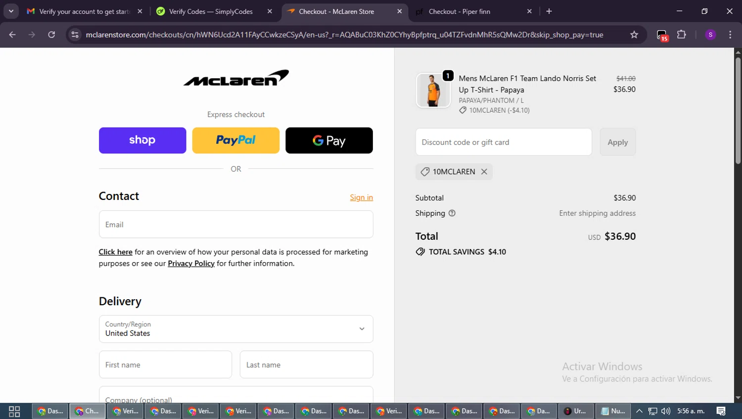 McLaren Store discount code screenshot showing code 10MCLAREN applied at McLaren Store checkout page. Uploaded by SimplyCodes community member ShieldWarden7838 on Dec 16, 2025