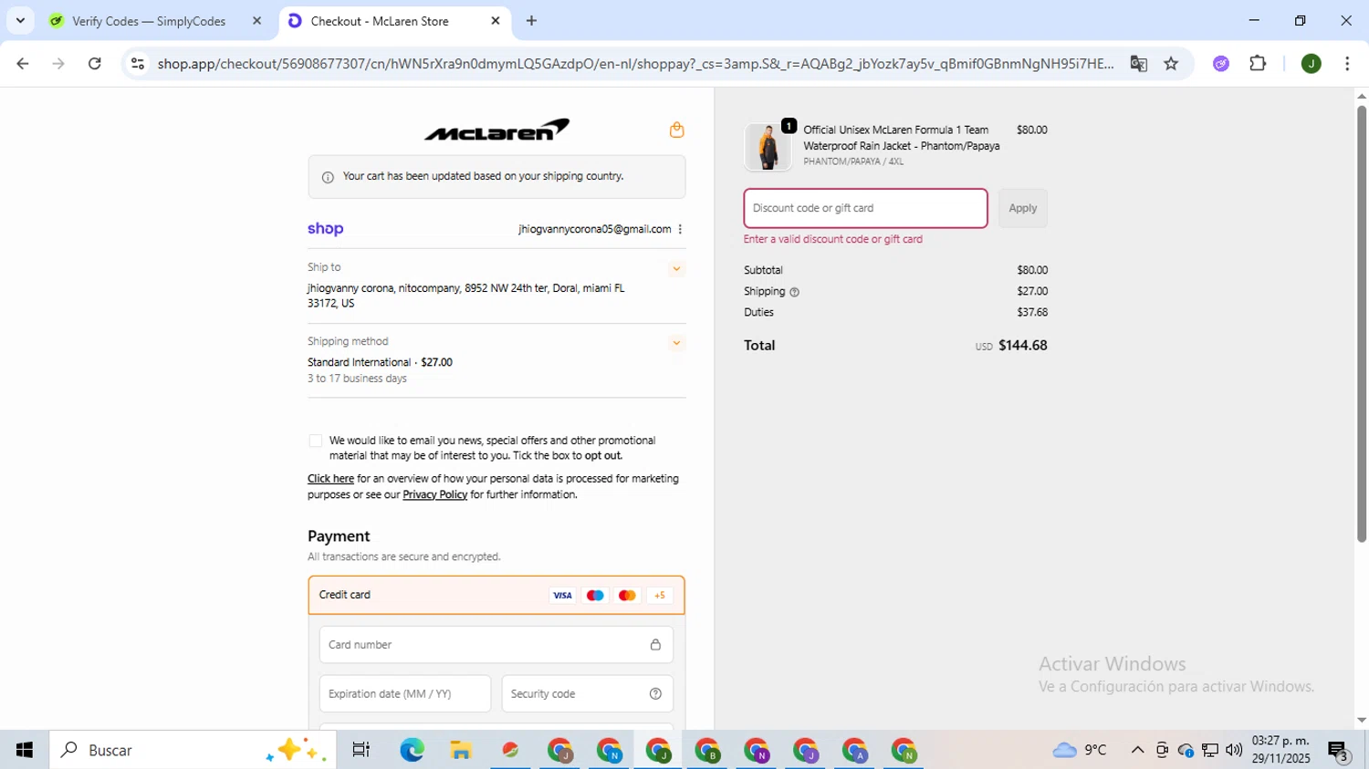 McLaren Store discount code screenshot showing code MCL20 applied at McLaren Store checkout page. Uploaded by SimplyCodes community member CleverSeeker3529 on Nov 29, 2025
