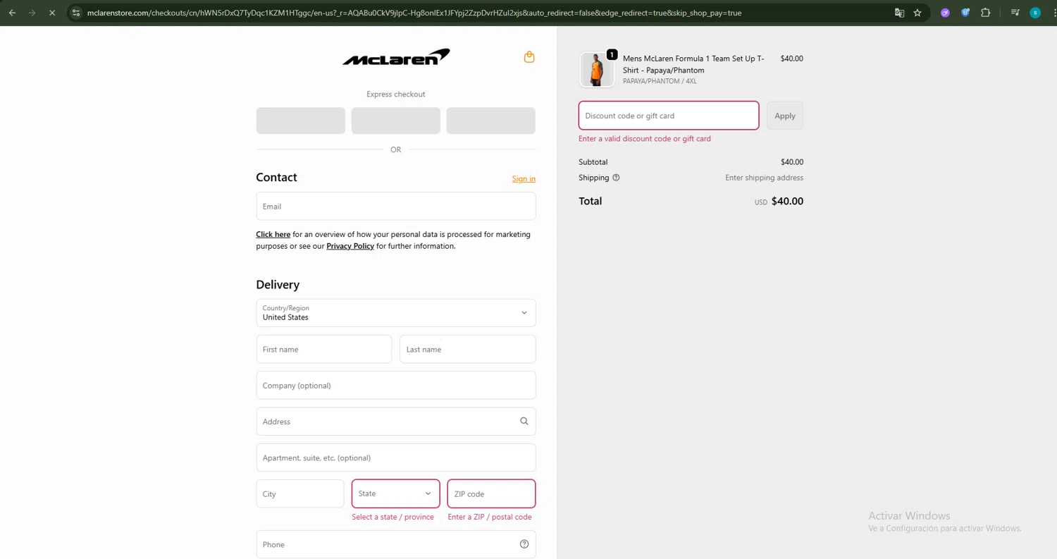 McLaren Store discount code screenshot showing code MCL20 applied at McLaren Store checkout page. Uploaded by SimplyCodes community member GloriousWhiz5423 on Nov 29, 2025