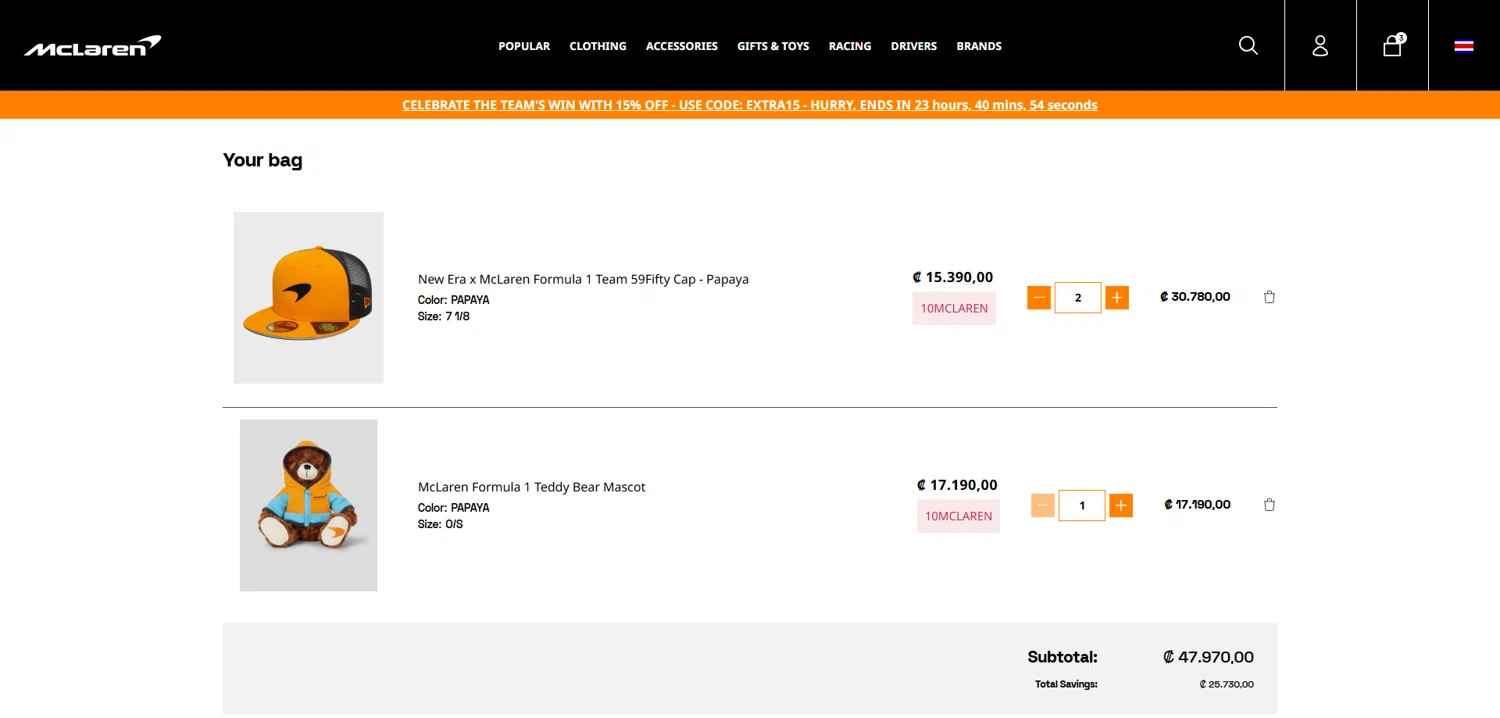 McLaren Store discount code screenshot showing code 10MCLAREN applied at McLaren Store checkout page. Uploaded by SimplyCodes community member Dorothy on Oct 27, 2025