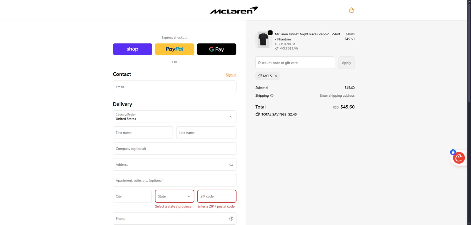 McLaren Store discount code screenshot showing code MCL5 applied at McLaren Store checkout page. Uploaded by SimplyCodes community member Dorothy on Sep 24, 2025