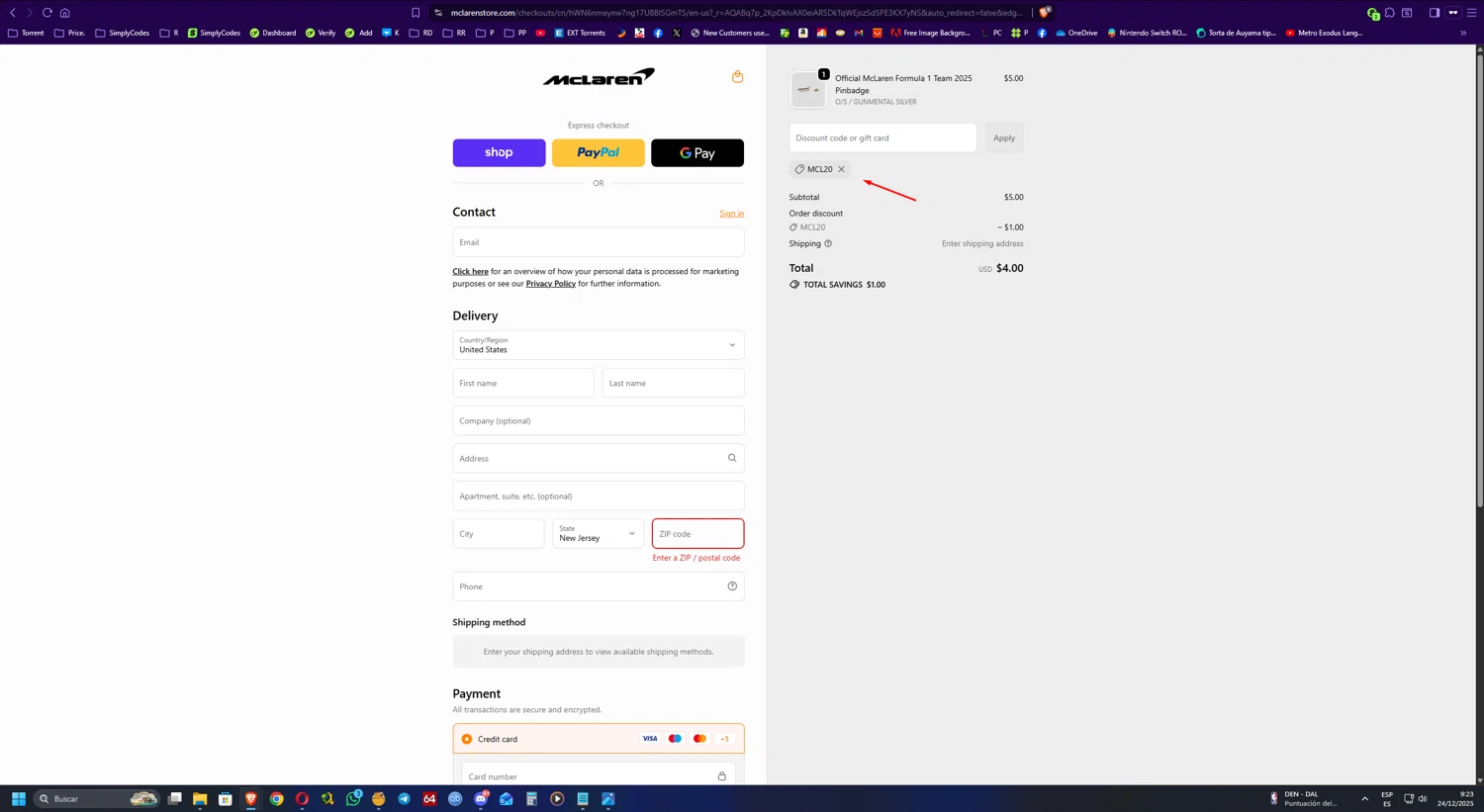 McLaren Store discount code screenshot showing code MCL20 applied at McLaren Store checkout page. Uploaded by SimplyCodes community member UnkNownVnzla on Dec 24, 2025