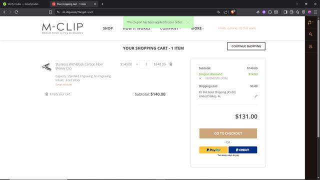 M-Clip checkout page showing M-Clip promo code box | Screenshot taken by SimplyCodes community member on Aug 25, 2025