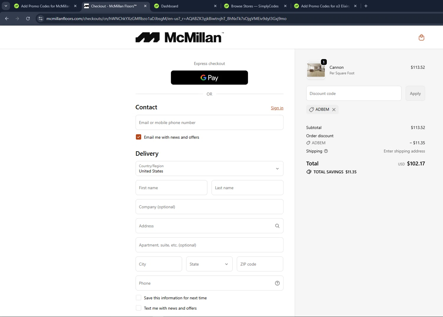 McMillan Floors promo code screenshot showing code ADBEM applied at McMillan Floors checkout page. Uploaded by SimplyCodes community member LegendaryCaptain2435 on May 29, 2026