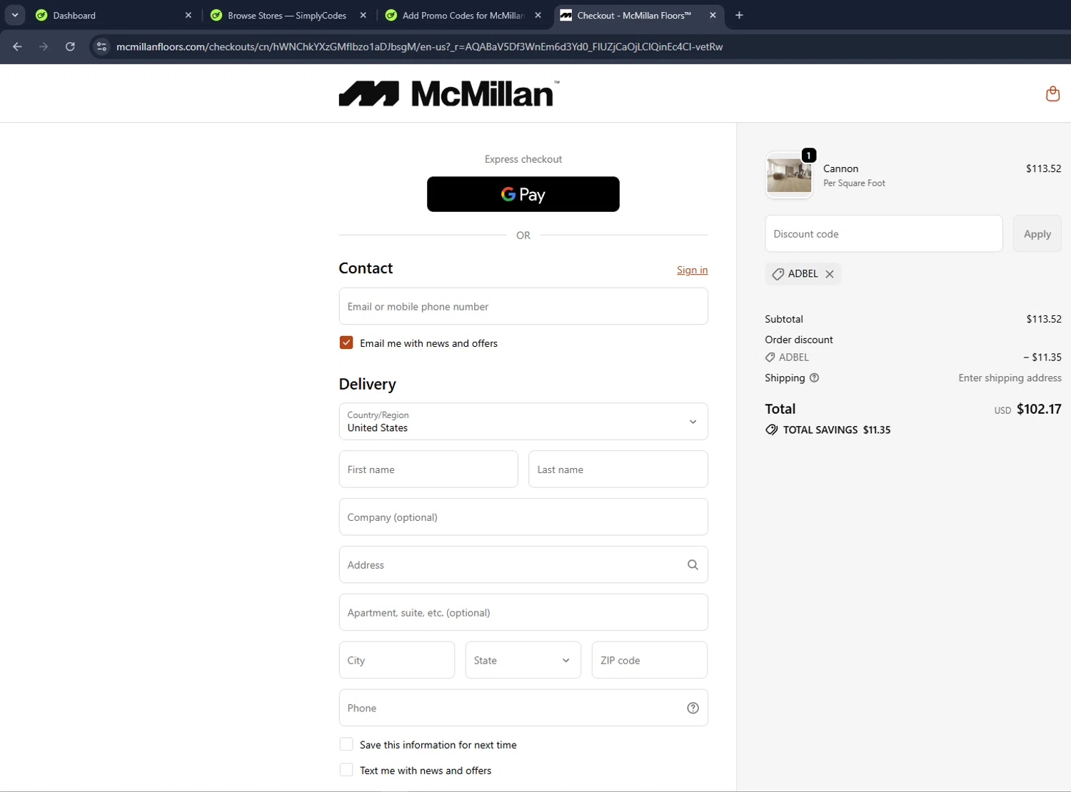McMillan Floors promo code screenshot showing code ADBEL applied at McMillan Floors checkout page. Uploaded by SimplyCodes community member VictoriousCaptain3902 on May 29, 2026