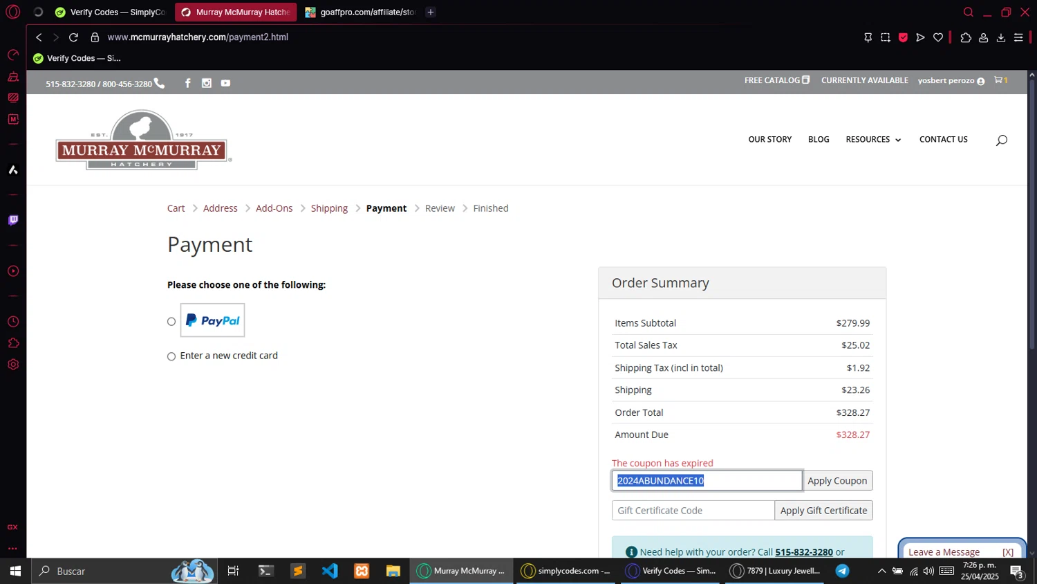 Murray McMurray Hatchery coupon code screenshot showing code 2024ABUNDANCE10 applied at Murray McMurray Hatchery checkout page. Uploaded by SimplyCodes community member agujadinamica on Apr 26, 2025
