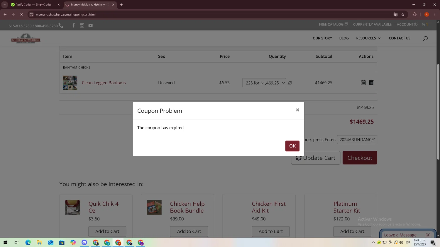 Murray McMurray Hatchery coupon code screenshot showing code 2024ABUNDANCE10 applied at Murray McMurray Hatchery checkout page. Uploaded by SimplyCodes community member zxxx27 on Apr 26, 2025