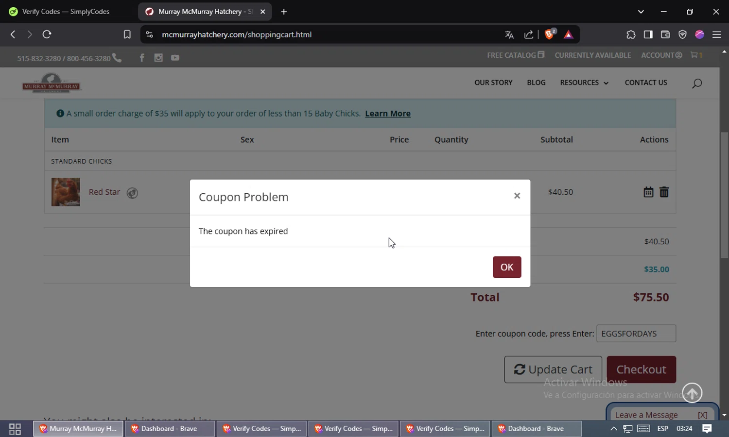 Murray McMurray Hatchery coupon code screenshot showing code EGGSFORDAYS applied at Murray McMurray Hatchery checkout page. Uploaded by SimplyCodes community member Jsjsjsjsjsjsjs on Feb 10, 2025