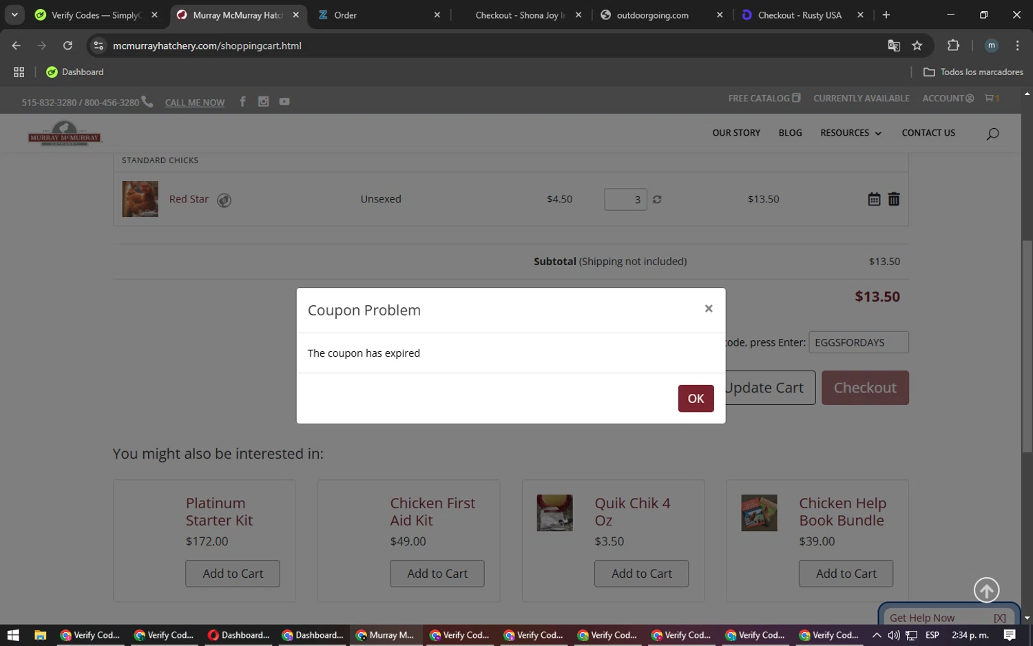 Murray McMurray Hatchery coupon code screenshot showing code EGGSFORDAYS applied at Murray McMurray Hatchery checkout page. Uploaded by SimplyCodes community member CoinHunter3841 on Feb 18, 2025
