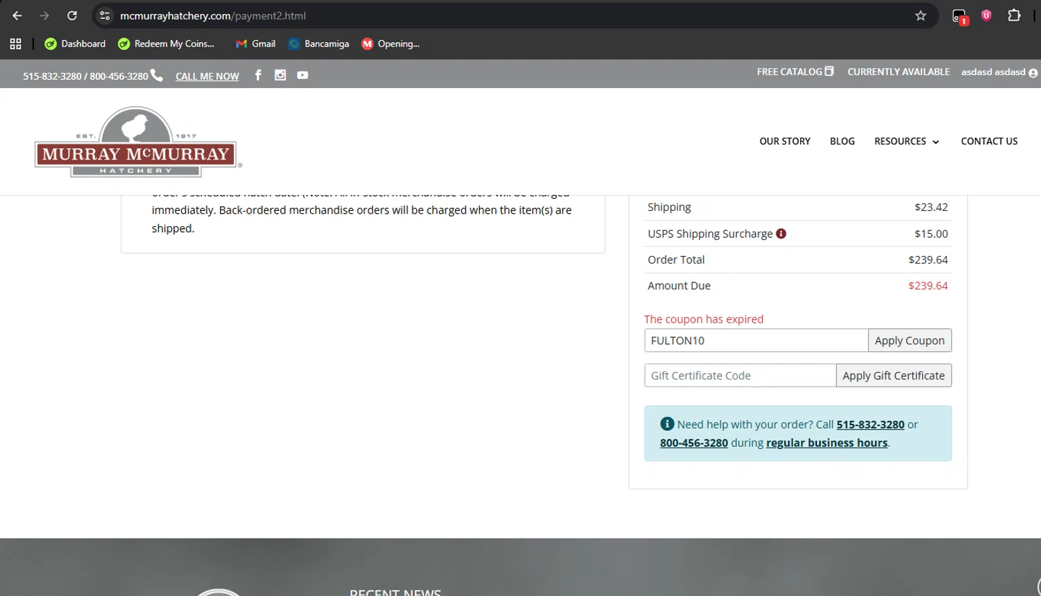 Murray McMurray Hatchery coupon code screenshot showing code FULTON10 applied at Murray McMurray Hatchery checkout page. Uploaded by SimplyCodes community member ArizaJuan on Nov 3, 2025