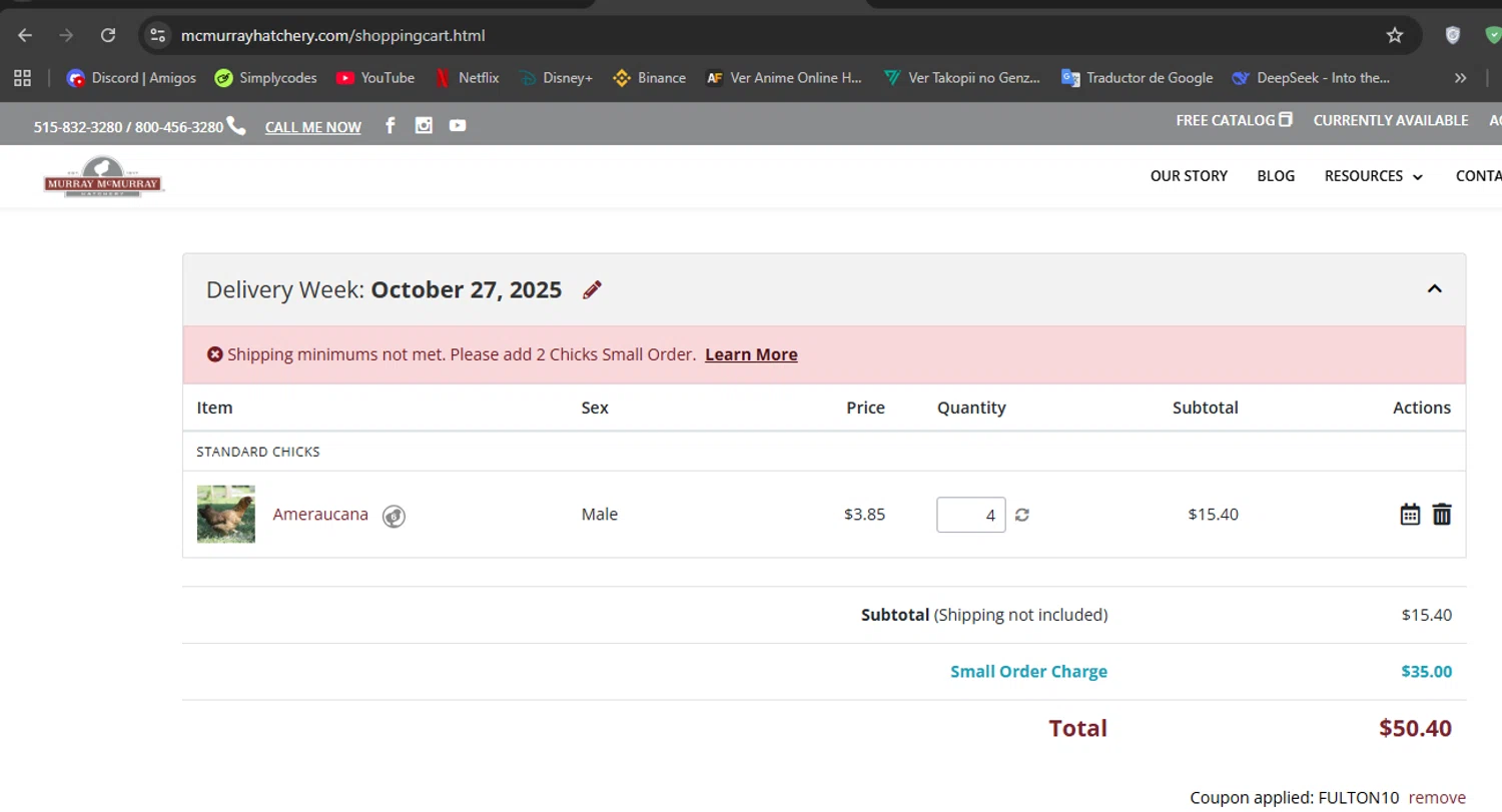 Murray McMurray Hatchery checkout page showing Murray McMurray Hatchery coupon code box | Screenshot taken by SimplyCodes community member on Oct 24, 2025