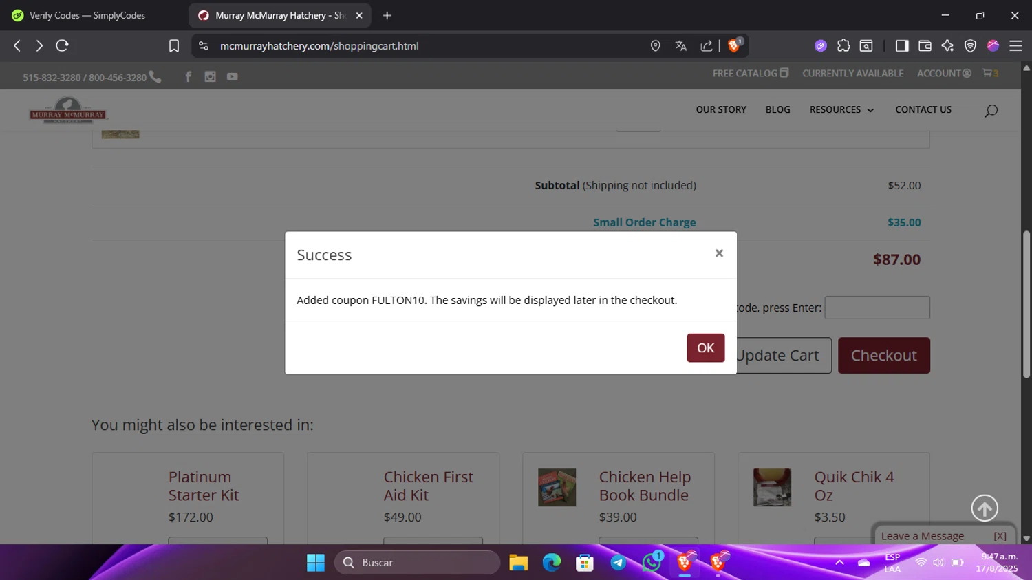Murray McMurray Hatchery checkout page showing Murray McMurray Hatchery coupon code box | Screenshot taken by SimplyCodes community member on Aug 17, 2025