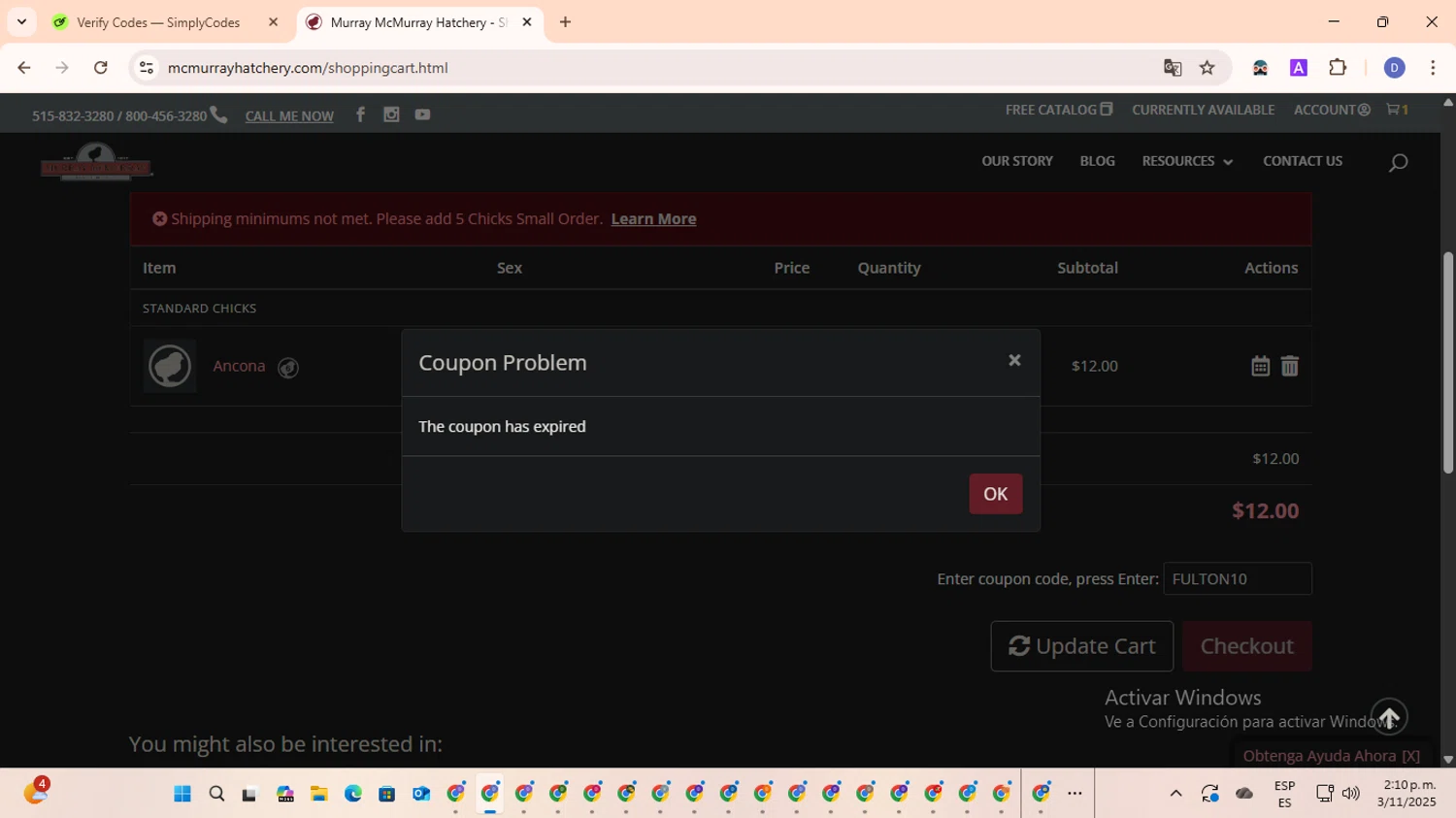Murray McMurray Hatchery coupon code screenshot showing code FULTON10 applied at Murray McMurray Hatchery checkout page. Uploaded by SimplyCodes community member RewardOwl5959 on Nov 3, 2025