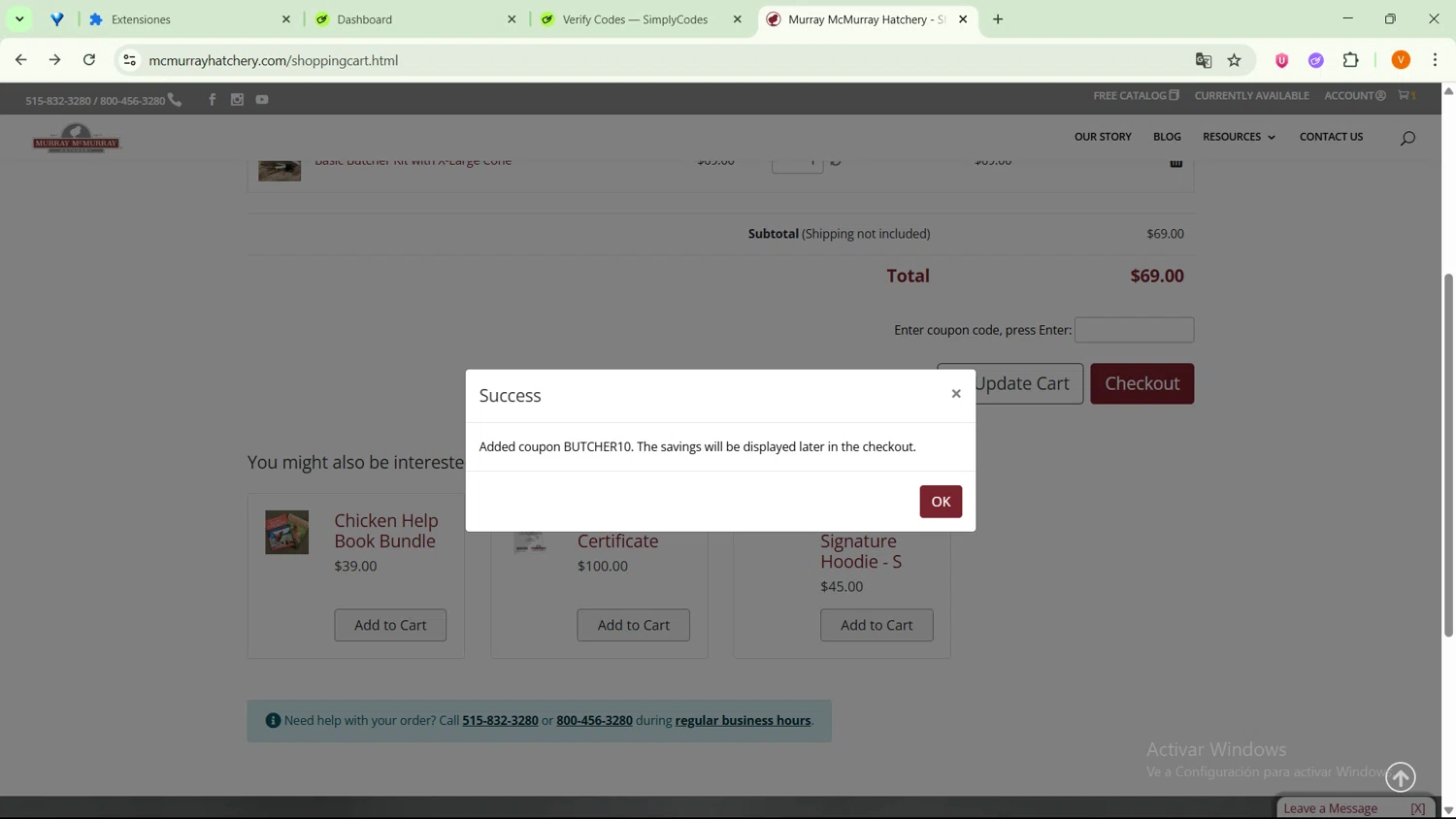 Murray McMurray Hatchery coupon code screenshot showing code BUTCHER10 applied at Murray McMurray Hatchery checkout page. Uploaded by SimplyCodes community member SavingsFinder9954 on Aug 4, 2025