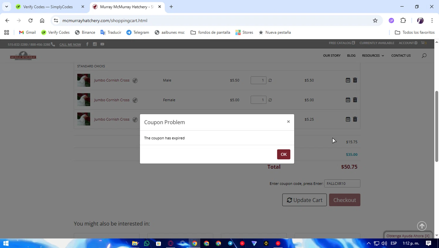 Murray McMurray Hatchery coupon code screenshot showing code FALLCXR10 applied at Murray McMurray Hatchery checkout page. Uploaded by SimplyCodes community member Jonaiver on Oct 10, 2025