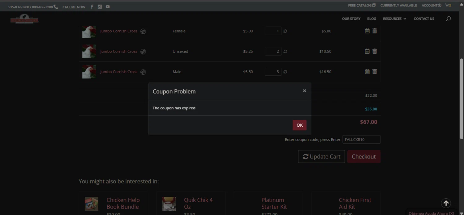 Murray McMurray Hatchery coupon code screenshot showing code FALLCXR10 applied at Murray McMurray Hatchery checkout page. Uploaded by SimplyCodes community member Nicoletorres on Oct 10, 2025