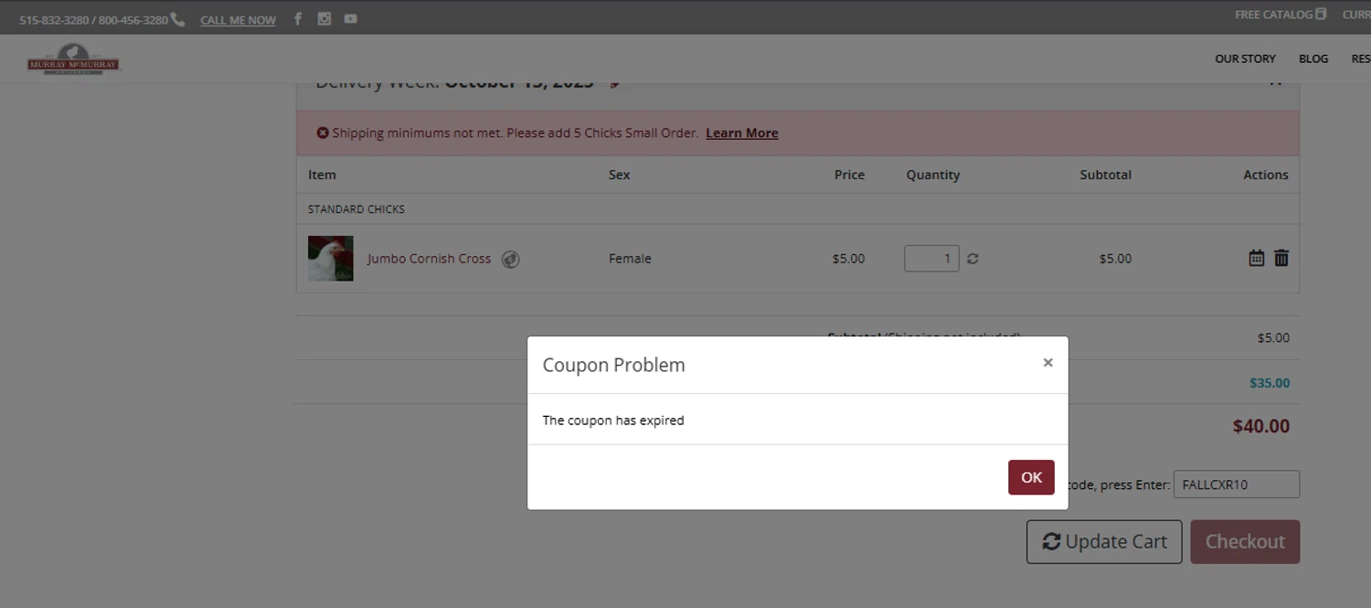 Murray McMurray Hatchery coupon code screenshot showing code FALLCXR10 applied at Murray McMurray Hatchery checkout page. Uploaded by SimplyCodes community member Woskal on Oct 10, 2025