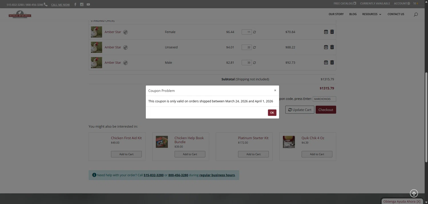 Murray McMurray Hatchery promo code screenshot showing code MARCHCHICKS applied at Murray McMurray Hatchery checkout page. Uploaded by SimplyCodes community member MightyMaverick3143 on Mar 30, 2026