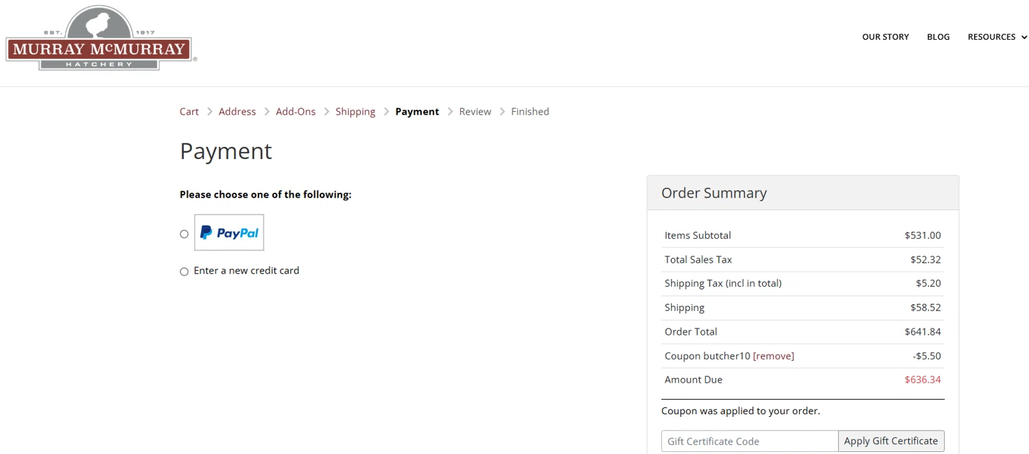 Murray McMurray Hatchery coupon code screenshot showing code BUTCHER10 applied at Murray McMurray Hatchery checkout page. Uploaded by SimplyCodes community member jesspea on Aug 4, 2025