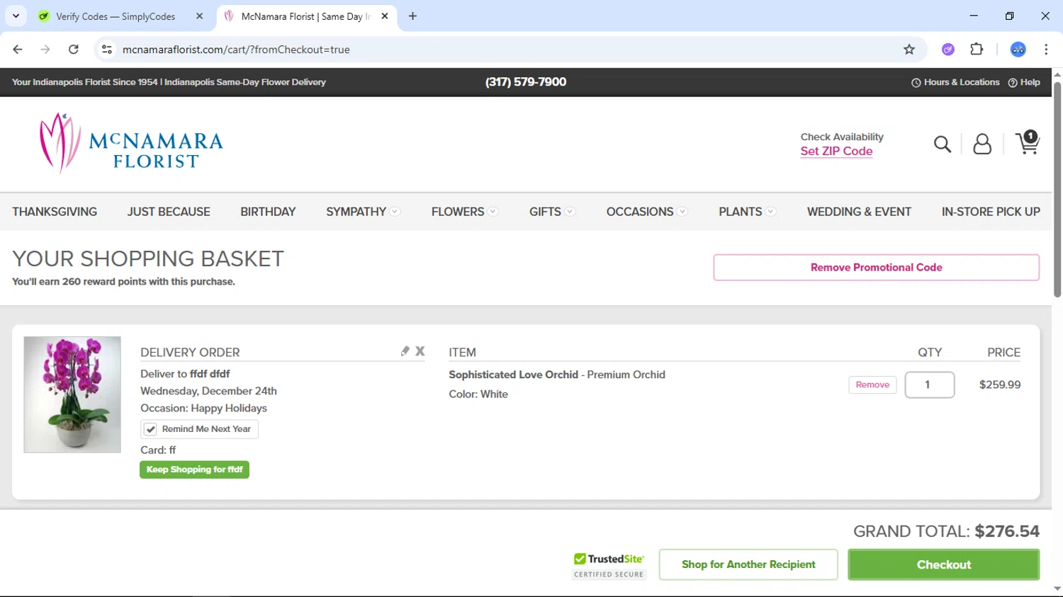 McNamara Florist promo code screenshot showing code ISE applied at McNamara Florist checkout page. Uploaded by SimplyCodes community member DiscountTiger7630 on Nov 24, 2025