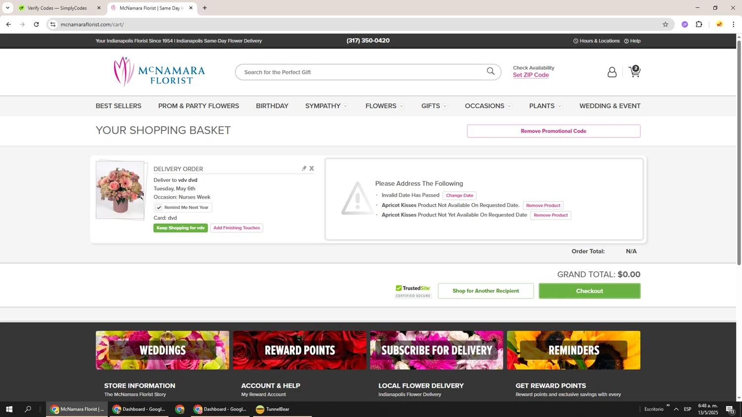 McNamara Florist checkout page showing McNamara Florist promo code box | Screenshot taken by SimplyCodes community member on May 13, 2025