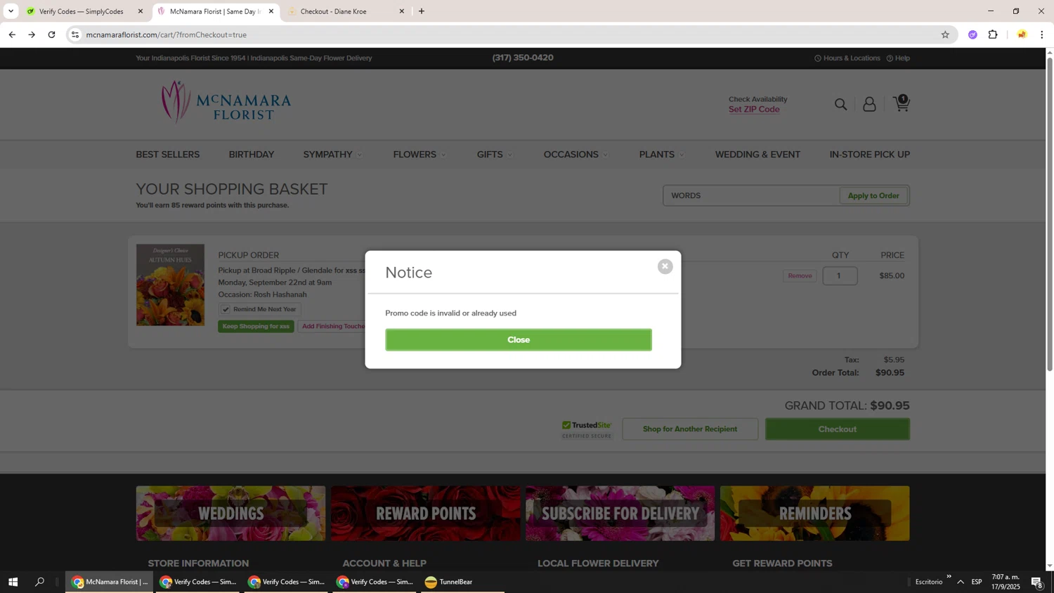McNamara Florist promo code screenshot showing code WORDS applied at McNamara Florist checkout page. Uploaded by SimplyCodes community member Richard251 on Sep 17, 2025