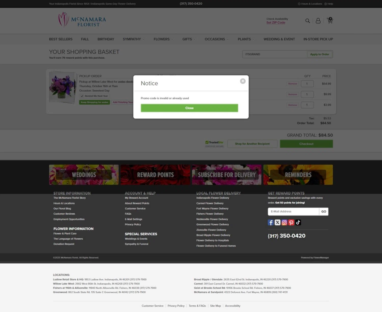 McNamara Florist promo code screenshot showing code ITSGRAND applied at McNamara Florist checkout page. Uploaded by SimplyCodes community member DealEagle3415 on Oct 3, 2025