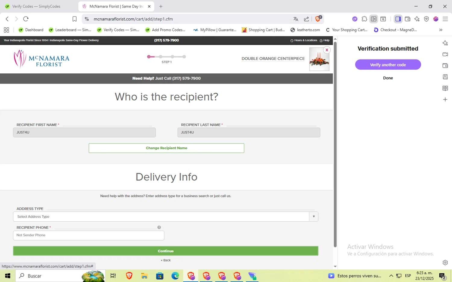 McNamara Florist promo code screenshot showing code JUST4U applied at McNamara Florist checkout page. Uploaded by SimplyCodes community member Rayyyyyy on Dec 23, 2025