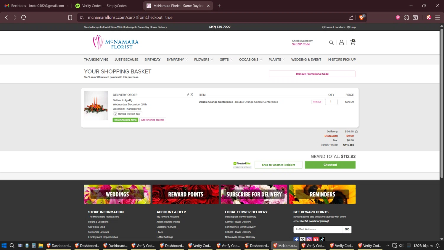 McNamara Florist promo code screenshot showing code JUST4U applied at McNamara Florist checkout page. Uploaded by SimplyCodes community member Shizuku on Nov 24, 2025