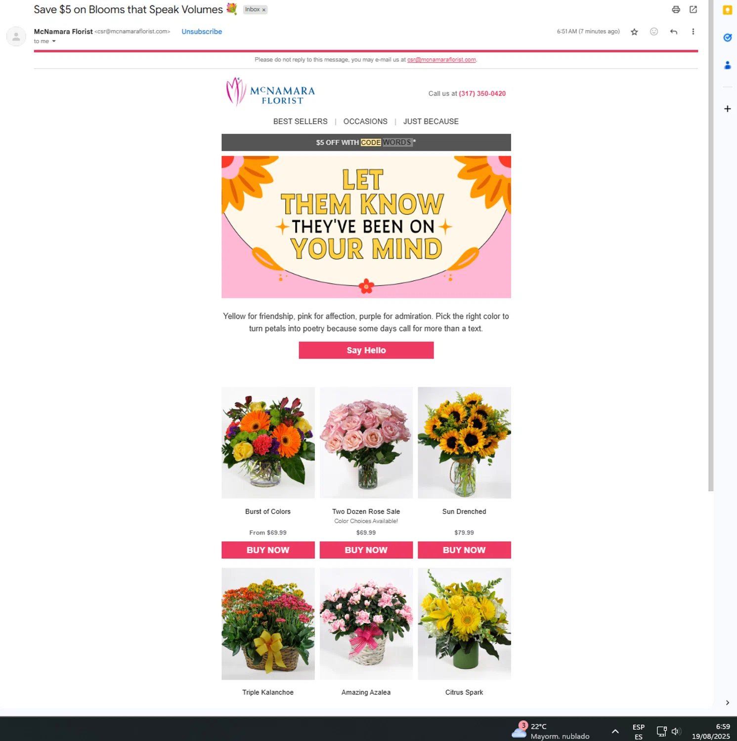McNamara Florist promo code screenshot showing code WORDS applied at McNamara Florist checkout page. Uploaded by SimplyCodes community member UnkNownVnzla on Aug 19, 2025