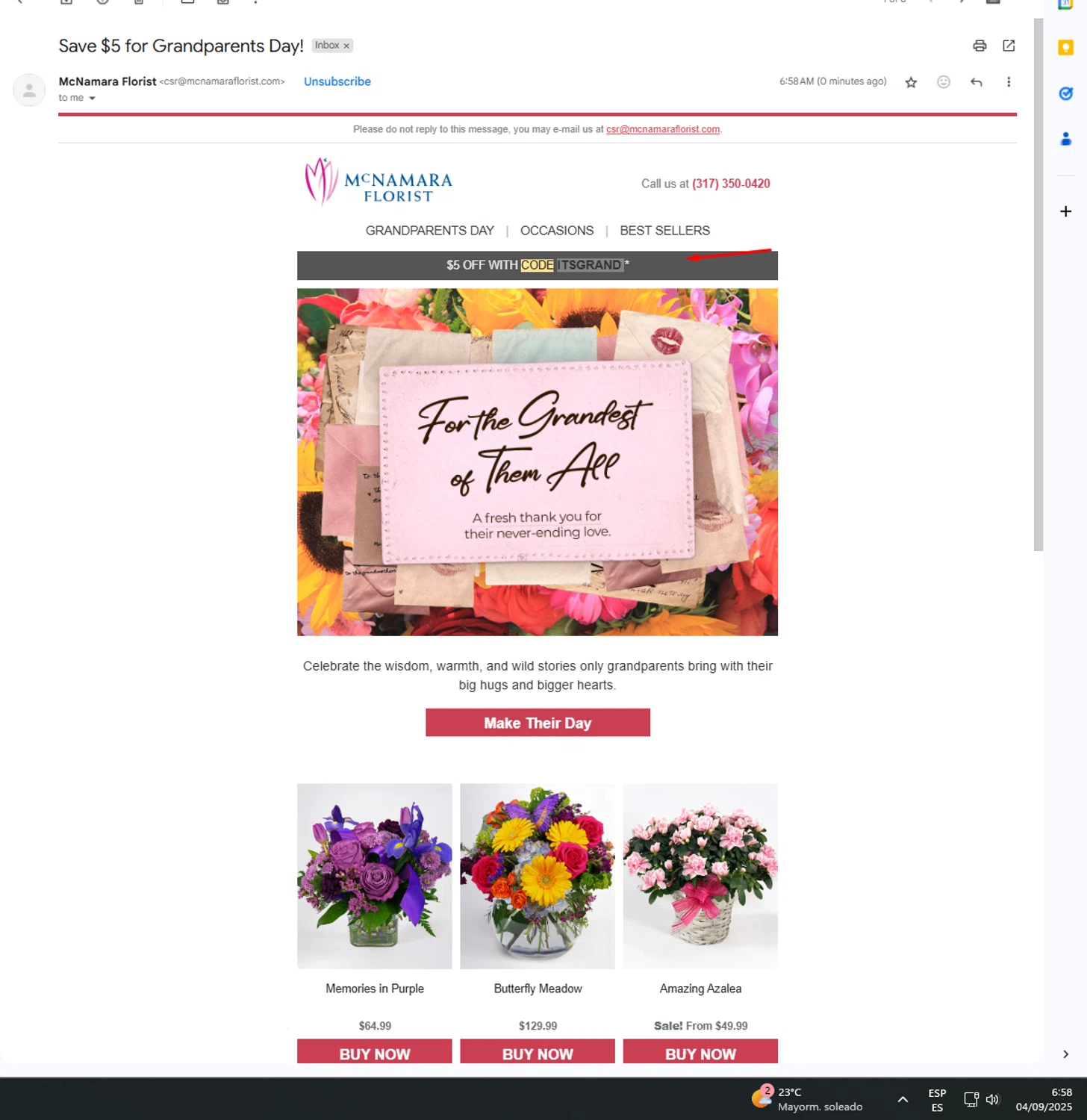McNamara Florist promo code screenshot showing code ITSGRAND applied at McNamara Florist checkout page. Uploaded by SimplyCodes community member UnkNownVnzla on Sep 4, 2025