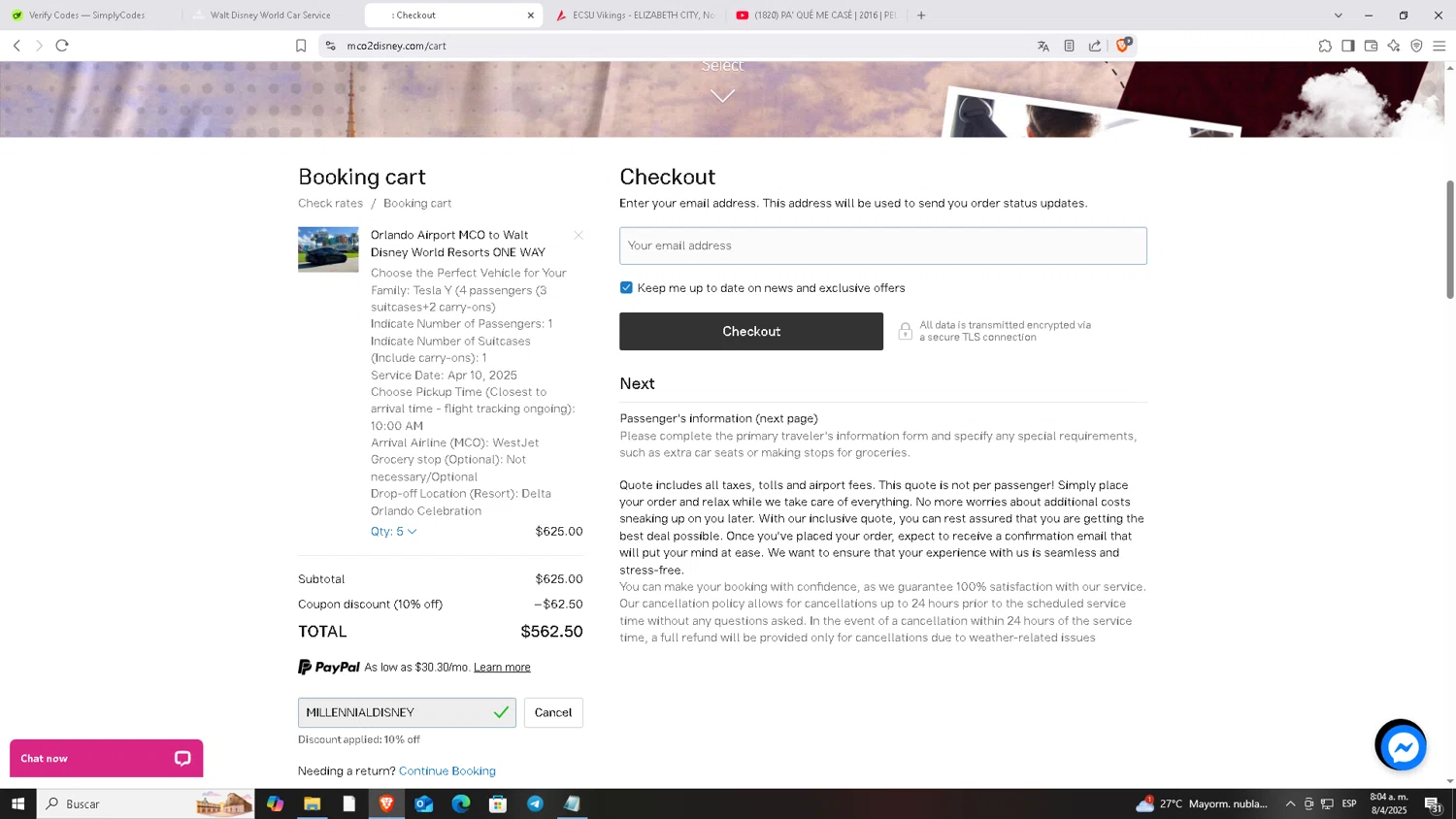 MCO2Disney checkout page showing MCO2Disney discount code box | Screenshot taken by SimplyCodes community member on Apr 8, 2025