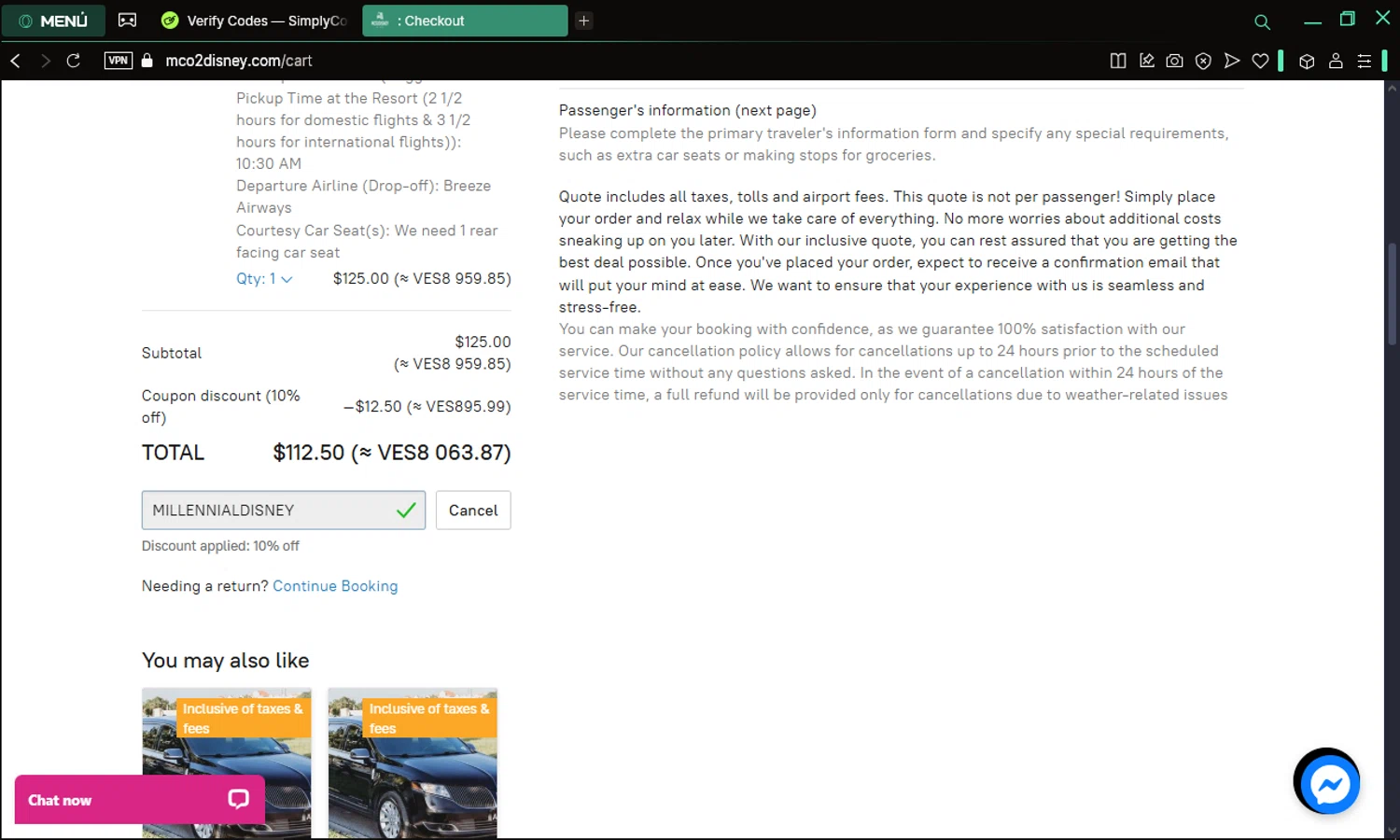 MCO2Disney checkout page showing MCO2Disney discount code box | Screenshot taken by SimplyCodes community member on Apr 8, 2025