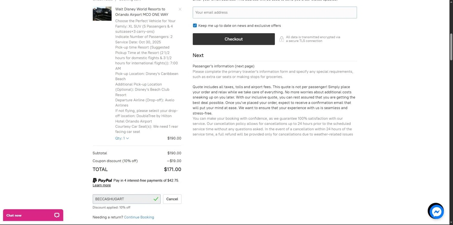 MCO2Disney discount code screenshot showing code BECCASHUGART applied at MCO2Disney checkout page. Uploaded by SimplyCodes community member Depressive on Oct 21, 2025