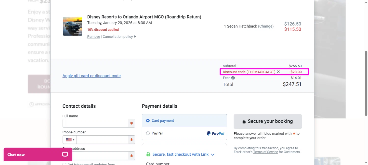 MCO2Disney discount code screenshot showing code theMagicalOT applied at MCO2Disney checkout page. Uploaded by SimplyCodes community member mrdarcy on Jan 17, 2026
