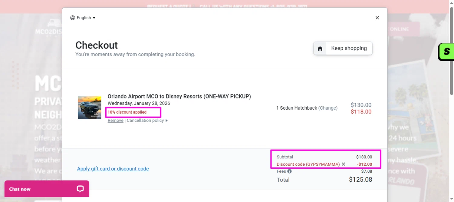 MCO2Disney discount code screenshot showing code GYPSYMAMMA applied at MCO2Disney checkout page. Uploaded by SimplyCodes community member mrdarcy on Jan 24, 2026