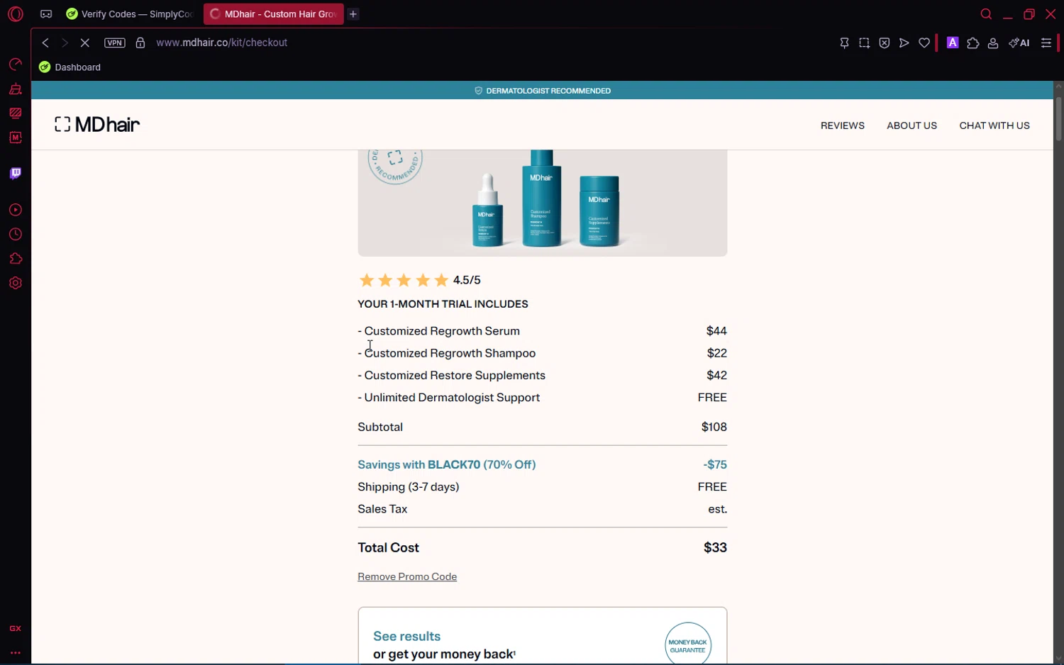 MDhair checkout page showing MDhair promo code box | Screenshot taken by SimplyCodes community member on Feb 5, 2026