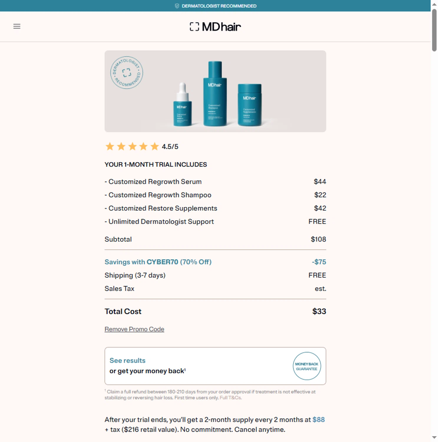 MDhair checkout page showing MDhair promo code box | Screenshot taken by SimplyCodes community member on Jan 13, 2026