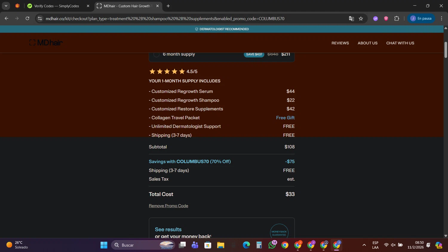 MDhair promo code screenshot showing code COLUMBUS70 applied at MDhair checkout page. Uploaded by SimplyCodes community member PennyScholar593 on Feb 11, 2026