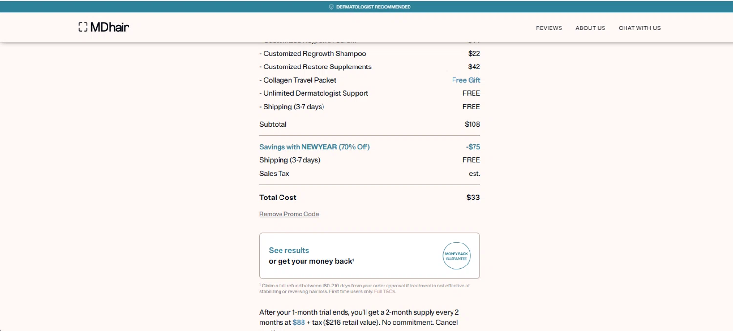 MDhair promo code screenshot showing code NEWYEAR applied at MDhair checkout page. Uploaded by SimplyCodes community member armalissolorzano1 on Jan 30, 2026
